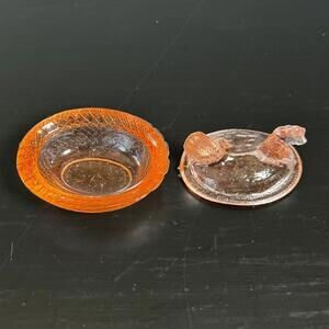 Vintage Pink Glass Hen on Nest Mini Trinket Dish Salt Cellar 3” Cottagecore